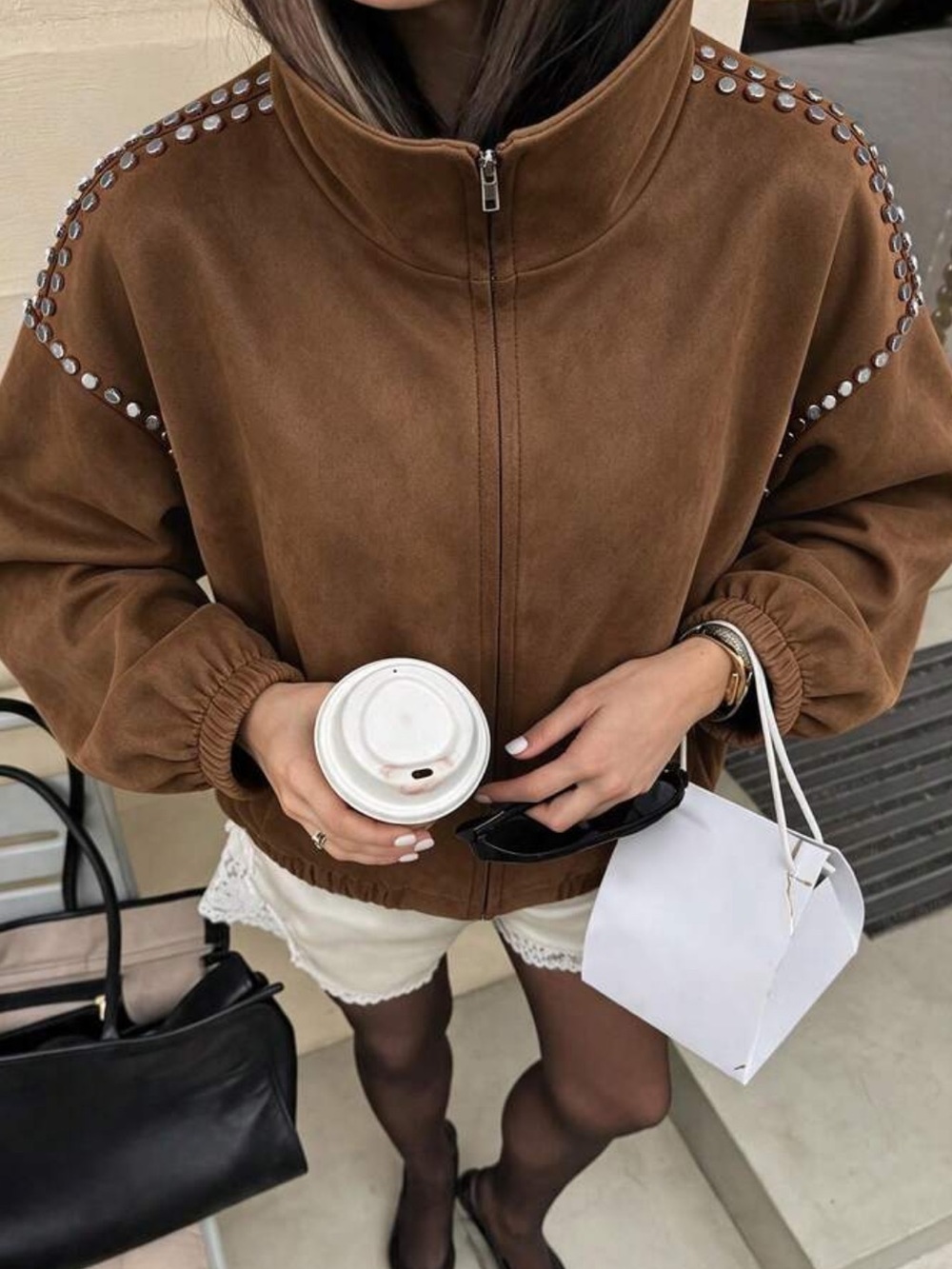 Autumn/Winter Solid Color Rivet Lapel Long Sleeve Loose Suede Jacket, Street